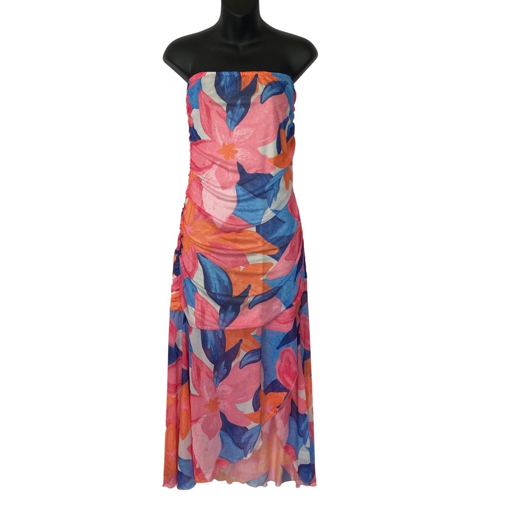 Tropical Floral Ruched Mesh Maxi Strapless Dress Women L Pink Coastal Beach NWT